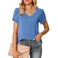 thumbnail image 2 of Women V Neck T Shirt Short Petal Sleeves Back Pleated Midline Loose Fitting Casual Blouses Light Blue XXL, 2 of 5