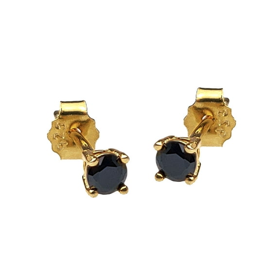 Solitaire Black CZ Stud Earrings - Yellow Gold Plated .925 Sterling Silver Stud Earrings 3MM