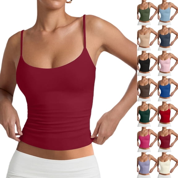 Spaghetti Strap Tank Tops for Women Adjustable Straps Double Lined Camisole Tops Trendy Square Neck Sleeveless Tops Summer ,M,Wine