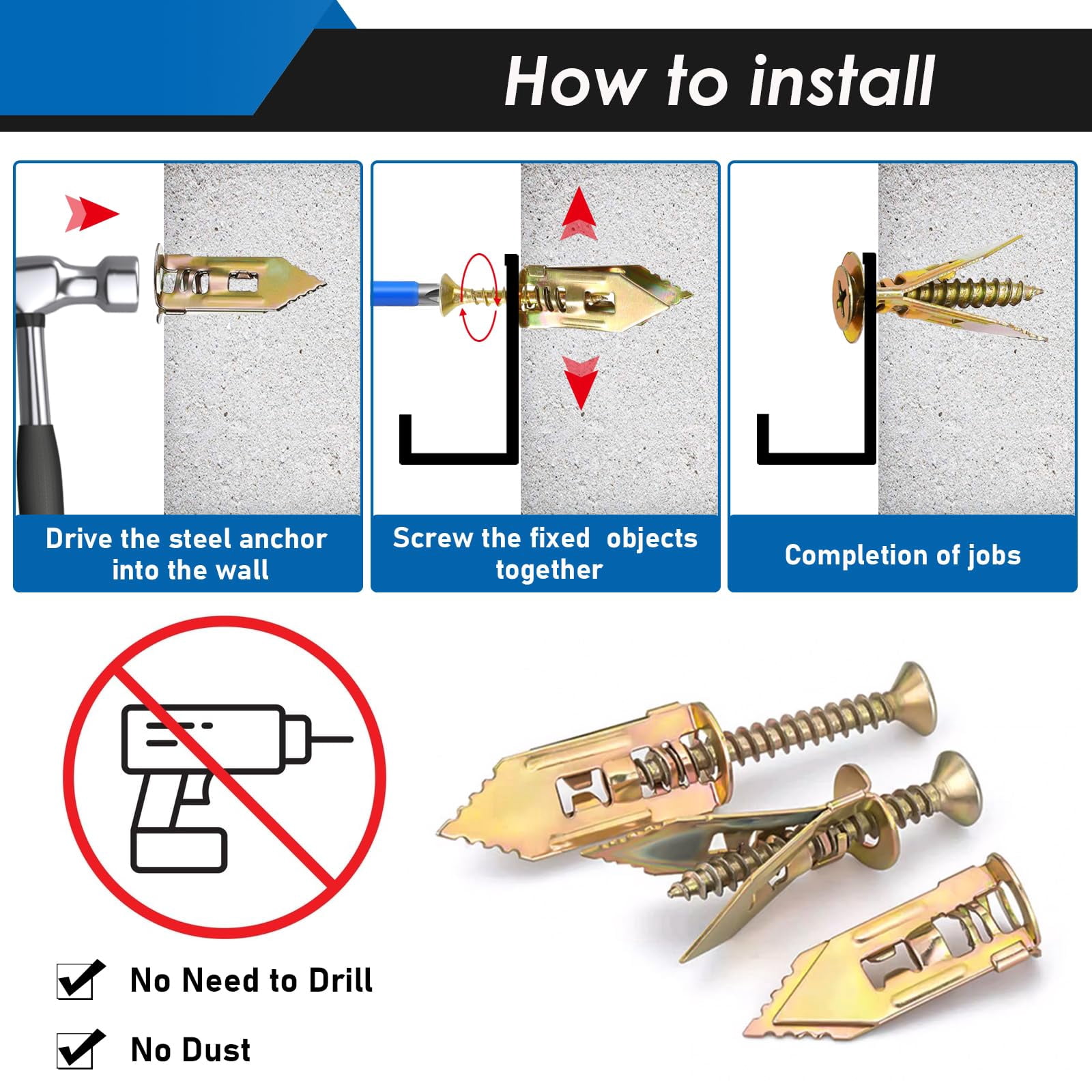 180Pcs Self Drilling Drywall Anchors with Screws Kit, Metal Expansion Bolt for Drywall, Zinc Plated Steel Drywall Anchors No Drilling Required Holds Up to 66lbs