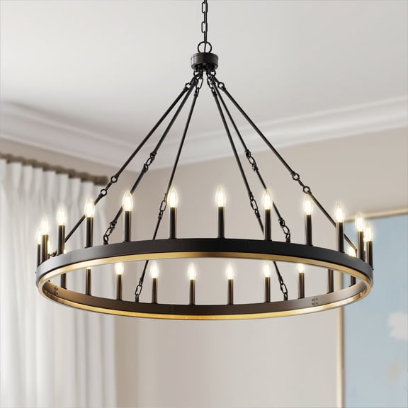 YANSUN 47 in 24-Light Black Large Farmhouse Wagon Wheel Chandelier, Industrial Pendant for Foyer, Porch, Dining Room