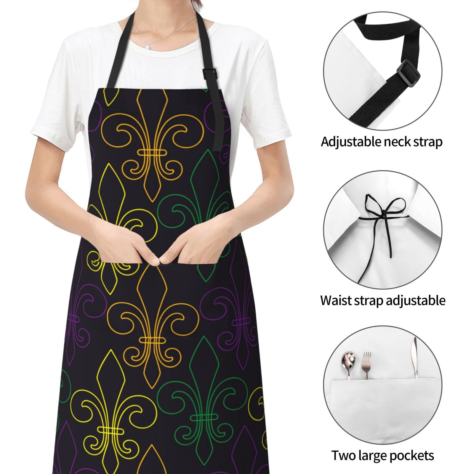 Kdxio Mardi Gras Carnival Apron with Pockets Adjustable Kitchen Aprons for Men Women Waterproof Aprons for Cooking,Drawing,Crafting, Baking Household Cleaning