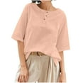 thumbnail image 2 of QingYiHua Summer Short Sleeve Cotton Linen Shirt Trendy Button Up Crew Neck Casual Top High-Low Hemline Tops Plus Size Trendy Clothes,Pink, 2 of 9
