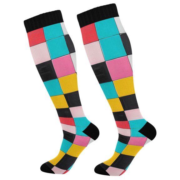 FORMRS Womens Knee High Socks Casual Long Thick Travel Daily Wear, 1 Pair, Blue Checkered Pattern
