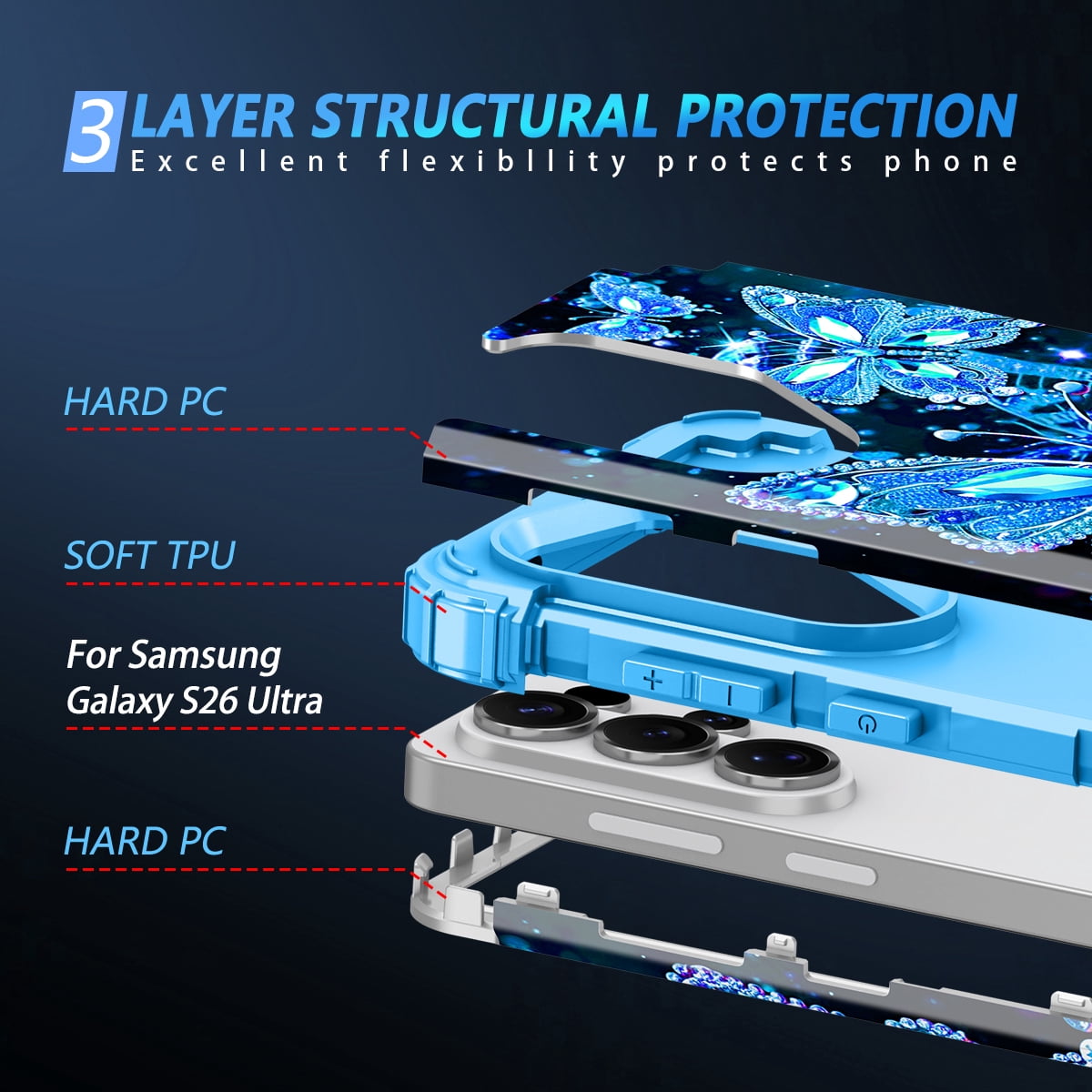 Casetego for Samsung Galaxy S26 Ultra 5G Case,Glow in The Dark Three Layer Heavy Duty Sturdy Shockproof Protection Rugged Hard PC+Soft TPU Bumper Case for Galaxy S26 Ultra,Blue Butterfly