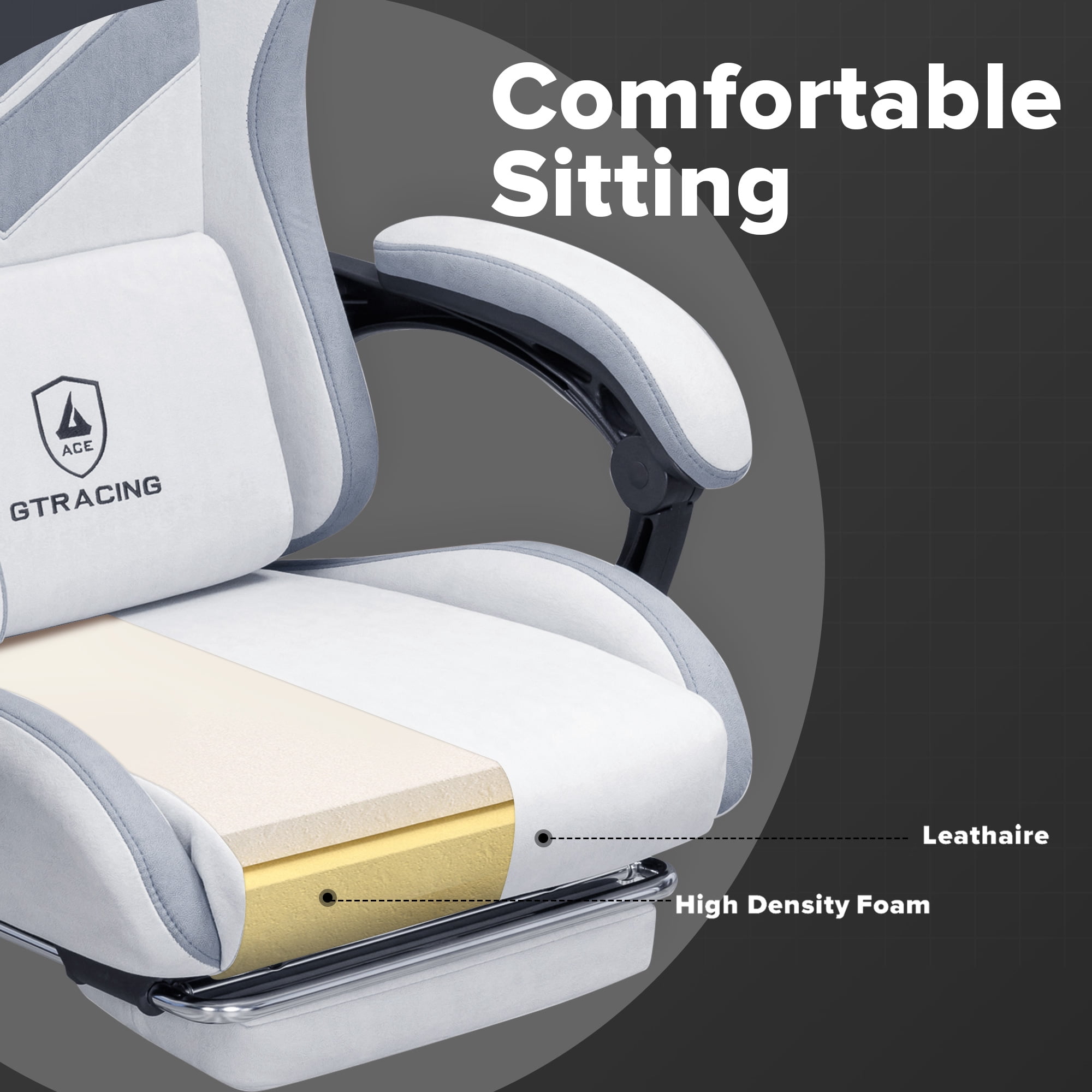 GTRACING GTW-300 Ergonomic Adjustable Height Reclining Fabric Gaming Chair , White/Gray