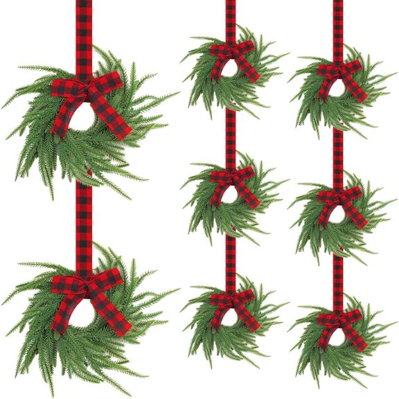 JEWLALO 8PC Small Christmas Norfolk Wreaths, 8" Mini Wreaths for Kitchen Cabinets with Bow Ribbon, Real Touch Norfolk Pine Decorative Hanging Greenery for Xmas Window Door Farmhouse Decor (Red&Black)