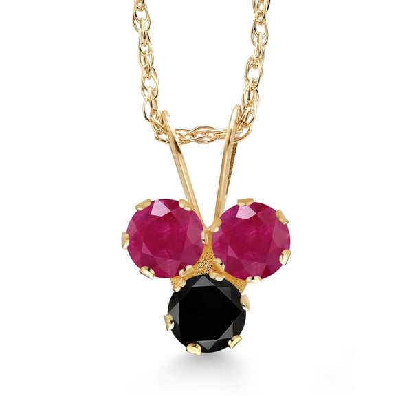 Gem Stone King 14K Yellow Gold Red Ruby and Black Diamond 3-Stone Pendant Necklace for Women (0.41 Cttw, Gemstone July Birthstone, Round 3MM, 18 inch Chain)