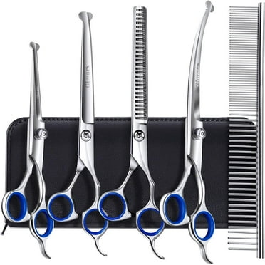 6 in 1 Professional Stainless Steel Grooming Scissors for Dogs with Safety Round Tip, Heavy Duty Titanium Coated Pet Grooming Scissor for Dogs, Cats and Other Animals