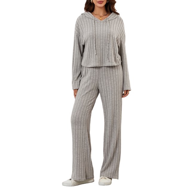 Gupgi Women Solid Color Tracksuit 2 Piece Spring Ribbed Outfits Short Hoodies Loose Pants
