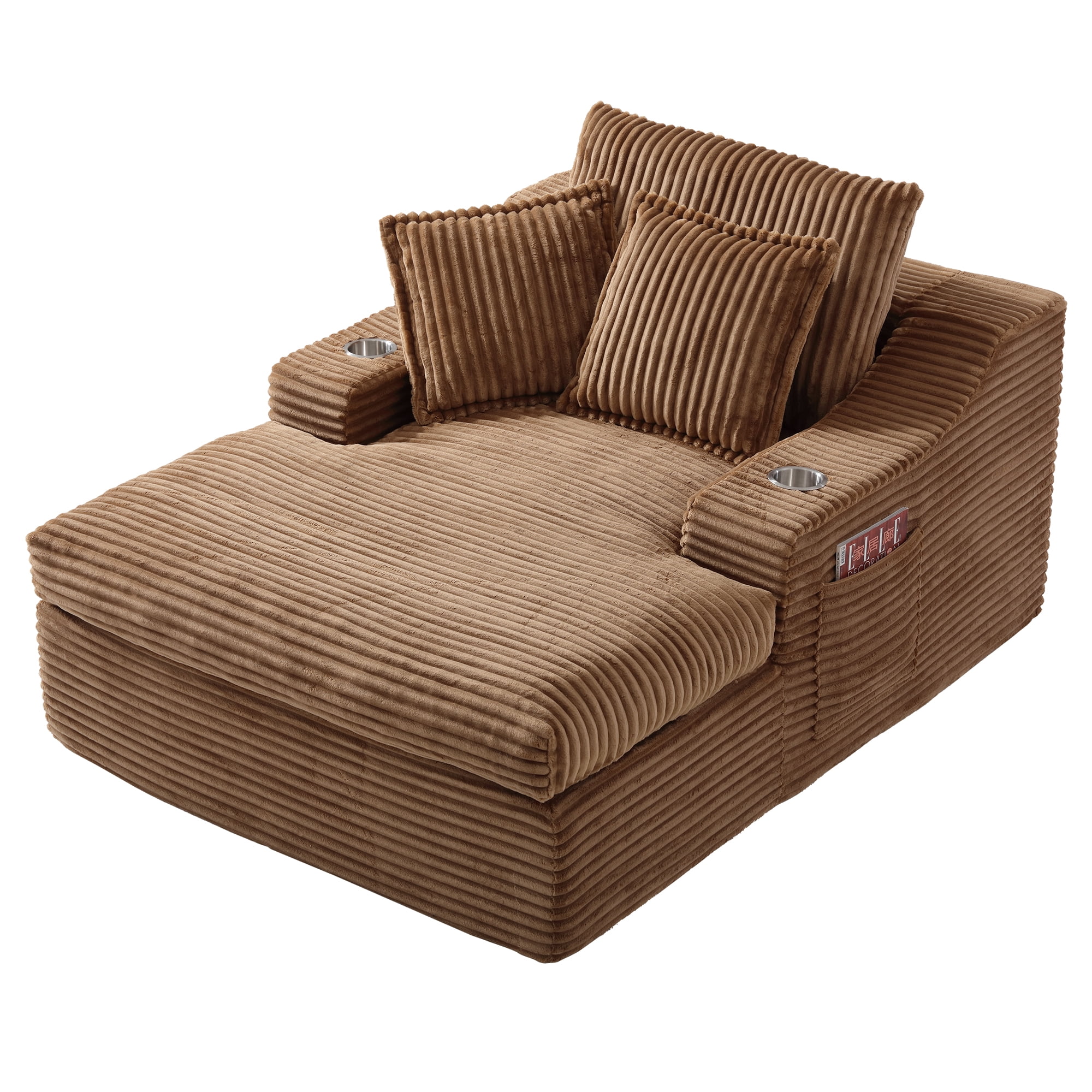 47" Wide Oversized Single Chaise Lounge Chair, 67'' Sleeper Sofa Bed with Cup Holders & 3 Pillows