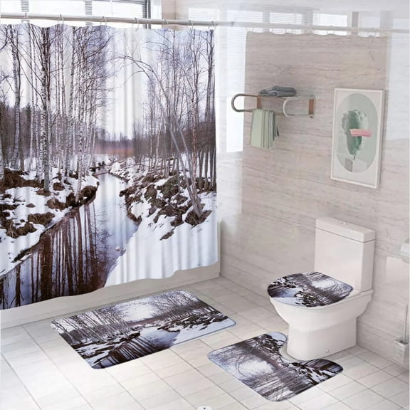 Winter Woodland Snow Shower Curtain Set Pine Tree Forest Snowy Mountain Bathroom Curtains Non Slip Bath Mat Rug Lid Toilet Cover
