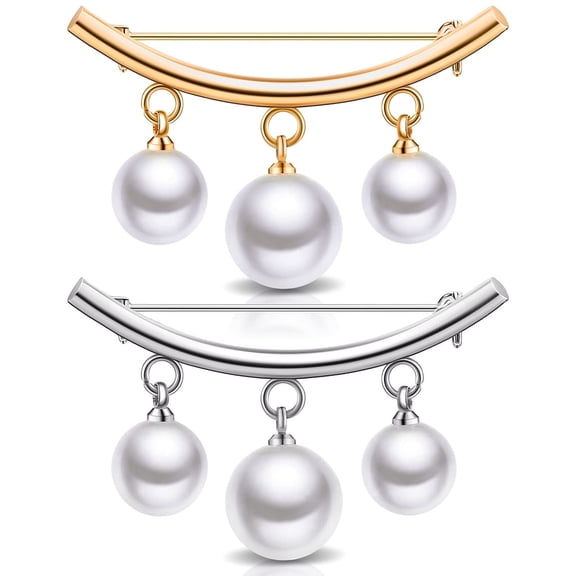2 PCS Pearl Brooch Pins Anti-Exposure Neckline Safety Pins Faux Pearl Sweater Shawl Clips for Women Wedding Party Decorations (Gold and Silver)