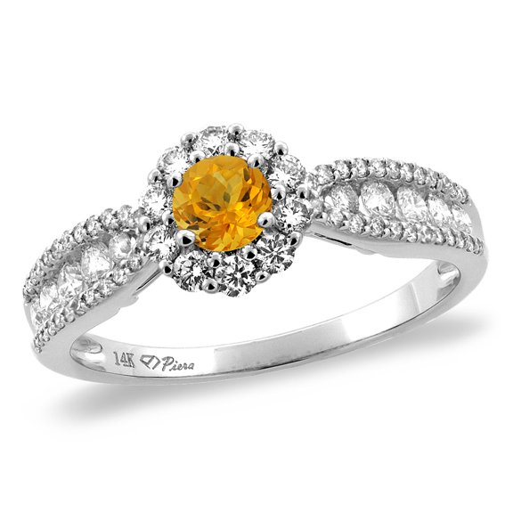 14K White Gold Natural Citrine Halo Engagement Ring Round 4 mm, size 5.5