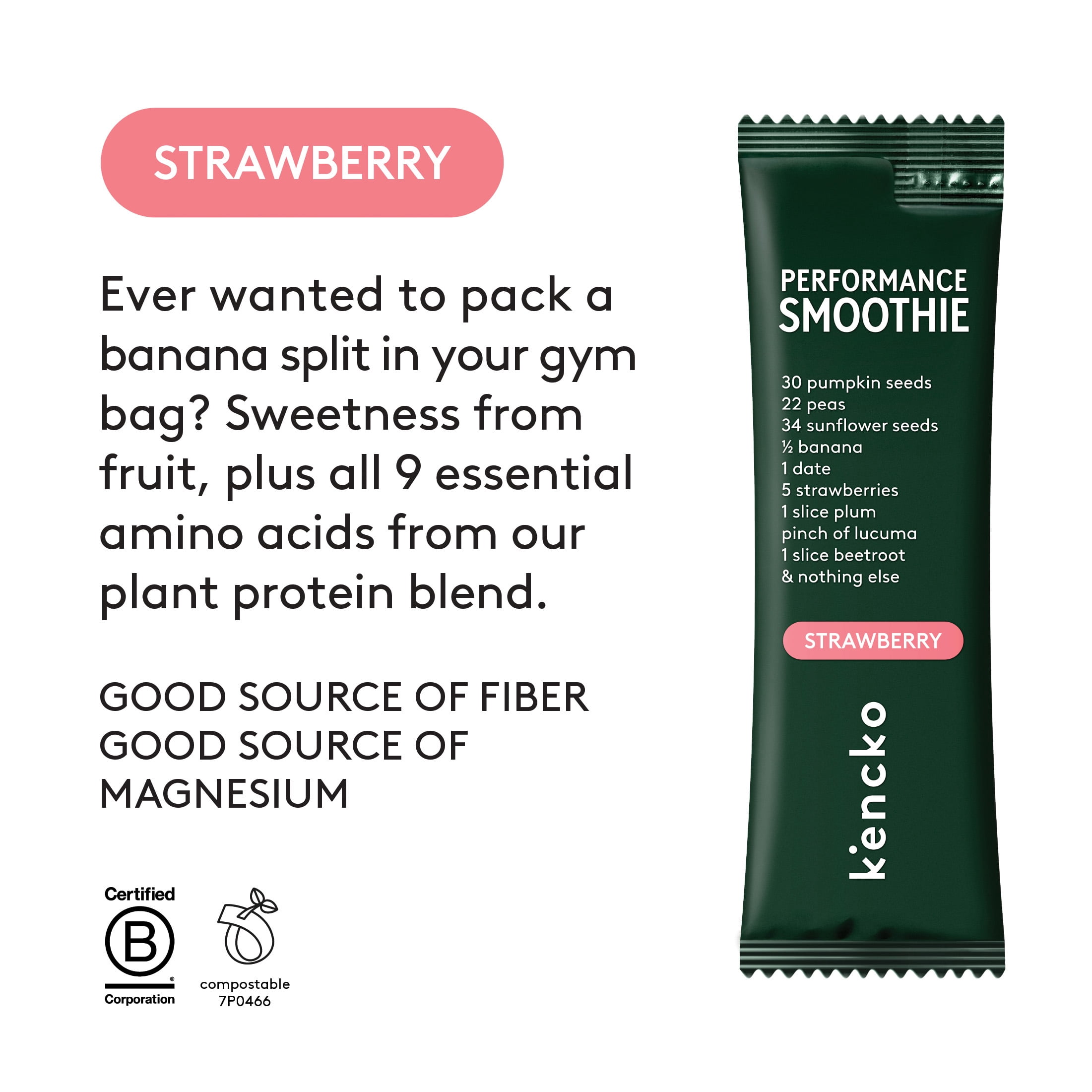 Kencko Strawberry Fruit & Veggie Performance Protein Smoothies, Powdered Drink Mix, 1.23 oz, 4 Pack