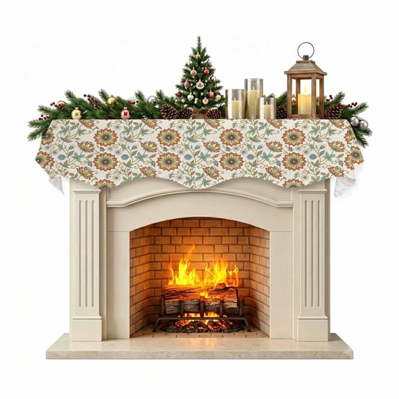Christmas Mantle Scarf 60x17 Inch, Country Floral Fireplace Christmas Decorations Cover Runner, Chic Colorful Botanical Flowers Leaves Christmas Mantel Decorations Xmas Holiday Mantel Scarves