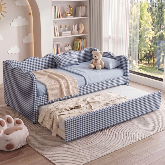 avobird Cozy Gingham Daybed with Trundle Twin Size Sofa Bed for Living Room, Sleeper Sofa with USB Port and Adorable Wave Shaped, Linen Fabric, Navy Blue