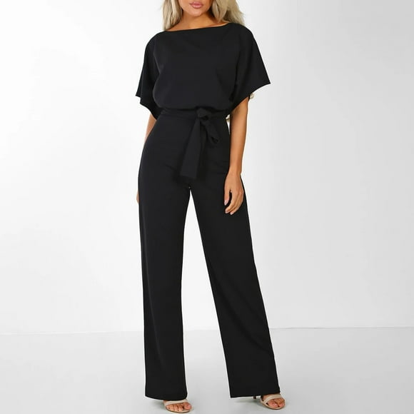 LSLJS Women Short Sleeve Playsuit Clubwear Straight Leg Jumpsuit With Belt, Casual Wide Leg Rompers Jumpsuits