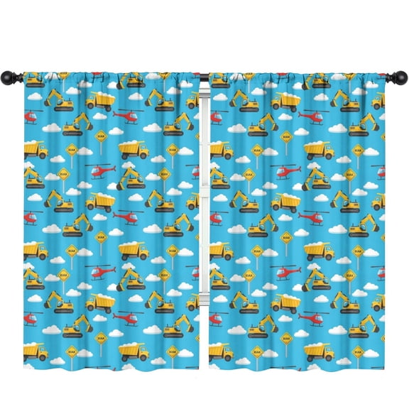 Blackout Kids Curtains,Excavator and Helicopter Blue Pattern Children's Insulated Curtains Set Of 2,Bedroom Essentials,Toddler Room Decor 52"x84"