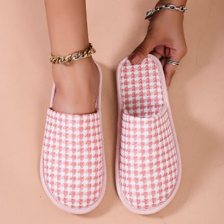 

NEGJ Fashion Autumn And Winter Women Slippers Home Flat Bottom Non Slip Warm And Comfortable Solid Color Houndstooth