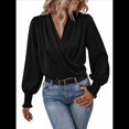 thumbnail image 1 of Camisa Elegante de Color Liso con Escote en V y Mangas Farol para Mujer Negro L, 1 of 9