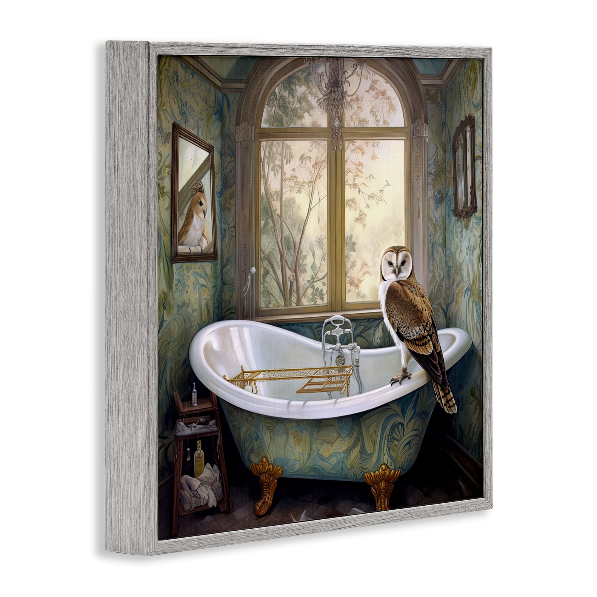 Paisley Patterned Owl Bathtime Gray Framed Giclee Art, design by Sasha