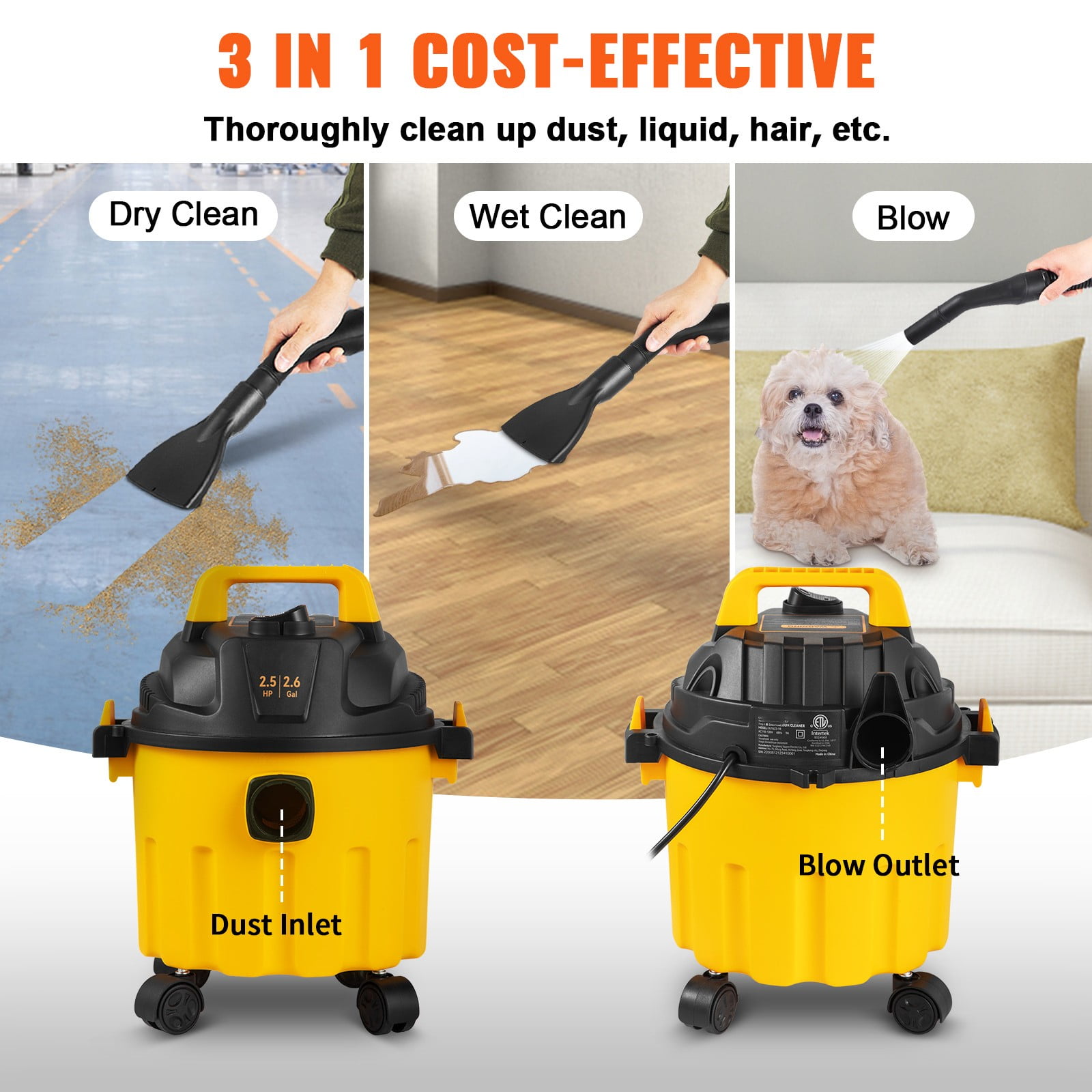 BENTISM Wet Dry Vac, 2.6 Gallon, 2.5 Peak HP, 3 in 1 Shop Vacuum with Blowing Function, Portable with Attachments to Clean Floor, Upholstery, Gap, Car, ETL Listed, Black/Orange