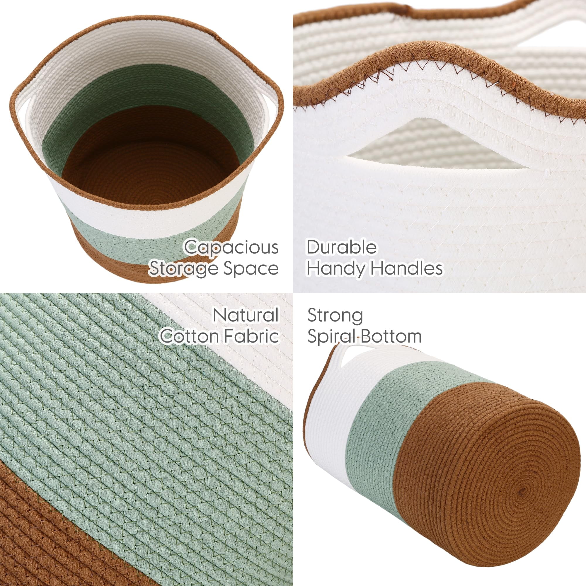 Sea Team Large Size Cotton Rope Woven Storage Basket Laundry Hamper with Handles, 14 x 20 inches, Green & Brown