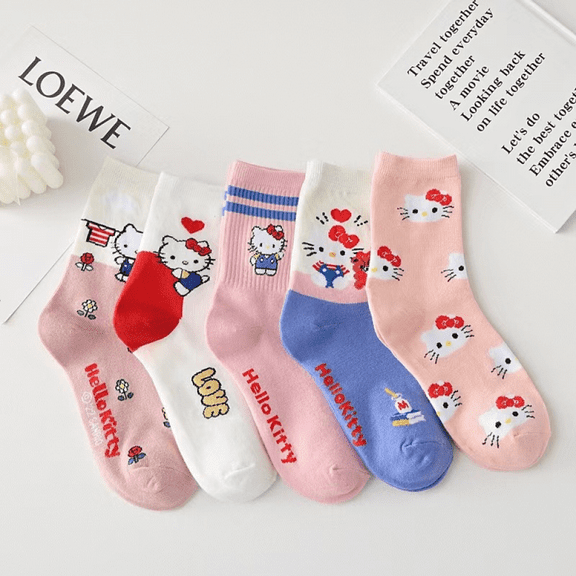 YOSENING 5-Pack Hello Kitty Socks for Girls - Pink Kawaii Cartoon Mid-Calf Tube Socks, Soft & Comfortable Anime Crew Socks for Kids, Women, Teens QQH624-1720