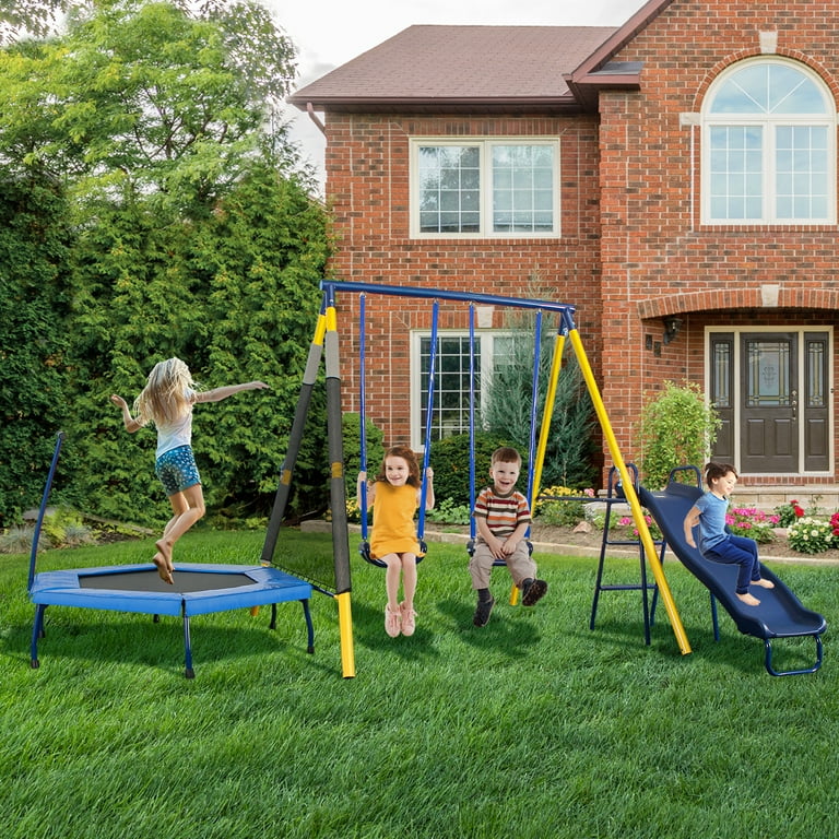 SMkidsport Durable 4-in-1 Swing Set with Slide, Swing, Trampoline