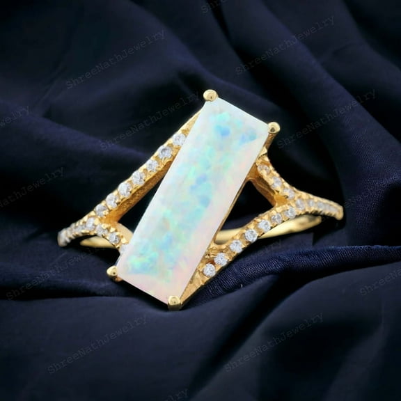 Vintage Fire Opal Engagement Ring Baguette Cut Gemstone Delicate Bridal Ring Girl Stacking Ring Birthday Gift For Wife Art Deco Gold Jewelry