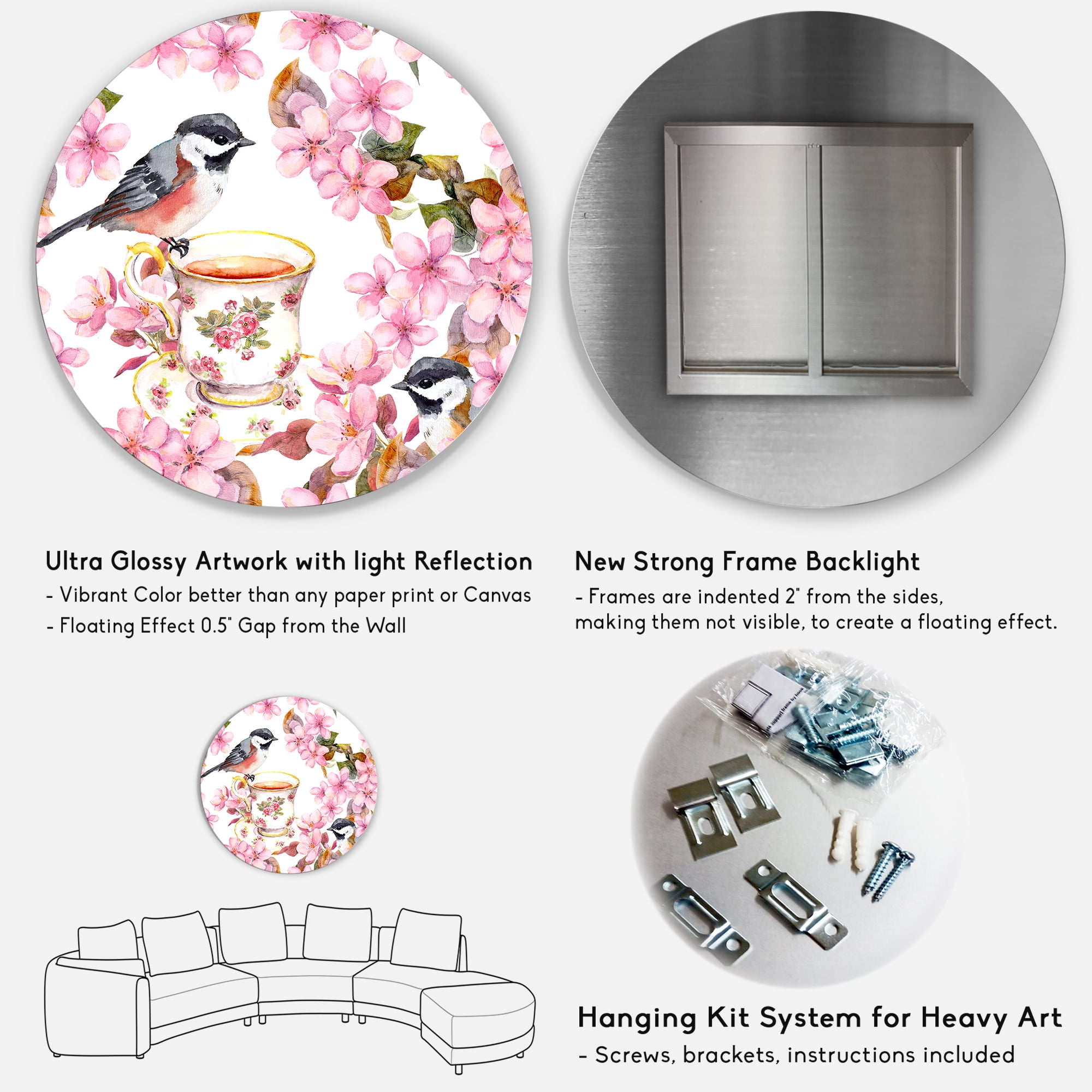 Designart 'Tea Cup Birds and Pink Flowers' Traditional Circle Metal Wall Art 29x29 - Disc of 29