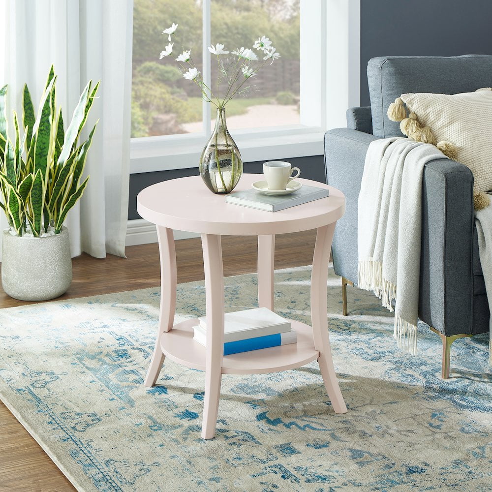 Roundhill Furniture Perth Round End Table with Shelf, Pink
