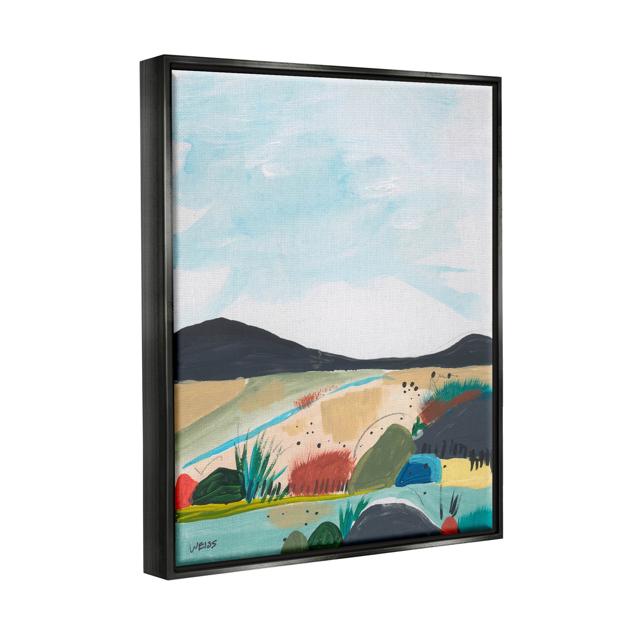 Stupell Industries Riverside Mountain Landscape Scene Painting Jet Black Floating Framed Canvas Print Wall Art, Design by Jan Weiss