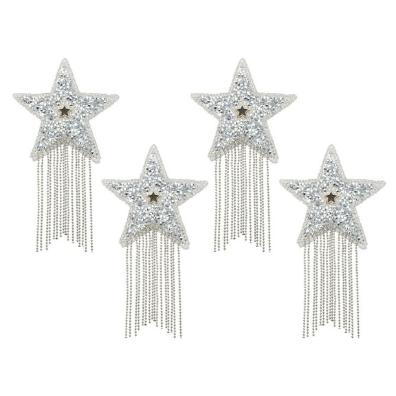Uxcell Star Rhinestone Patches, 4 Pcs Star Shape Iron on Applique Patches with Silver Tassel, Silver Tone