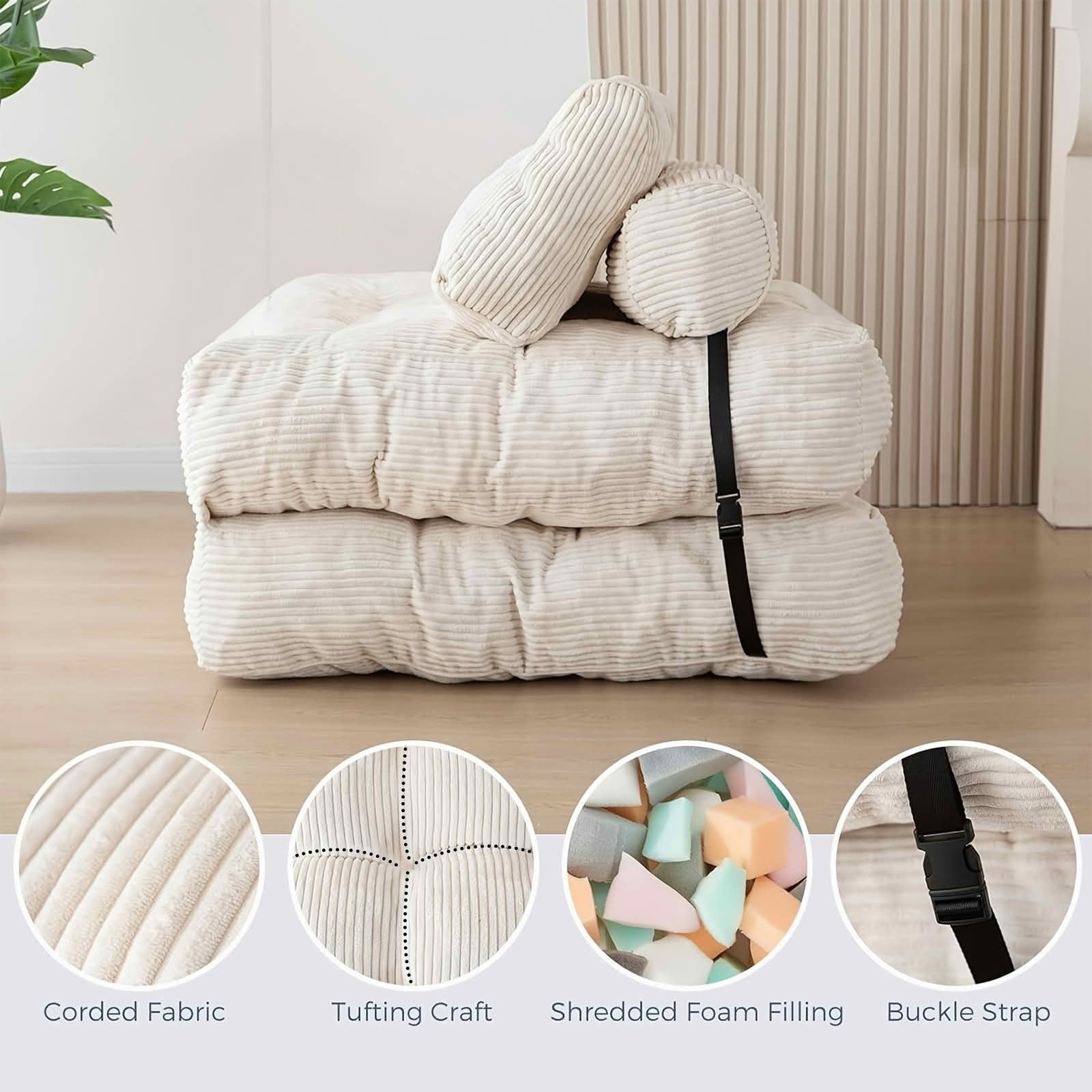 MAYEERTY Multifunctional 2-in-1 Convertible Single Sofa Bed, Modular Corduroy Floor Lounger for Compact Living Spaces，White