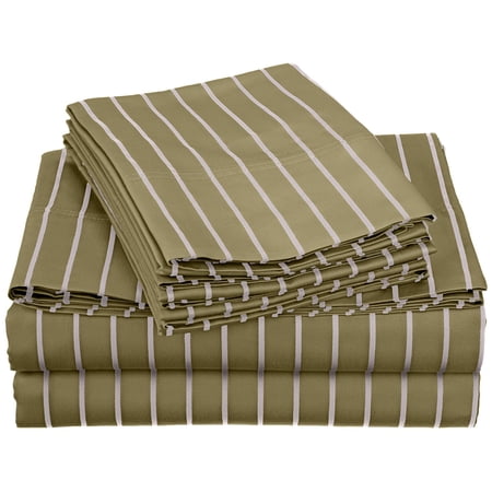Modern BNM Cotton-Rich Striped Bahama Casual Deep Pocket Sheet Set, Full, Sage by Blue Nile Mills