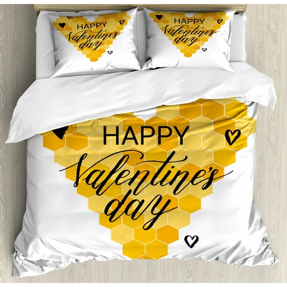 Honey Bee Duvet Cover Set King Size, Happy Valentine's Day Design Heart Shaped Honeycomb, Decorative 3 Piece Bedding Set with 2 Pillow Shams, Marigold Mustard Charcoal Grey and White, by Ambesonne