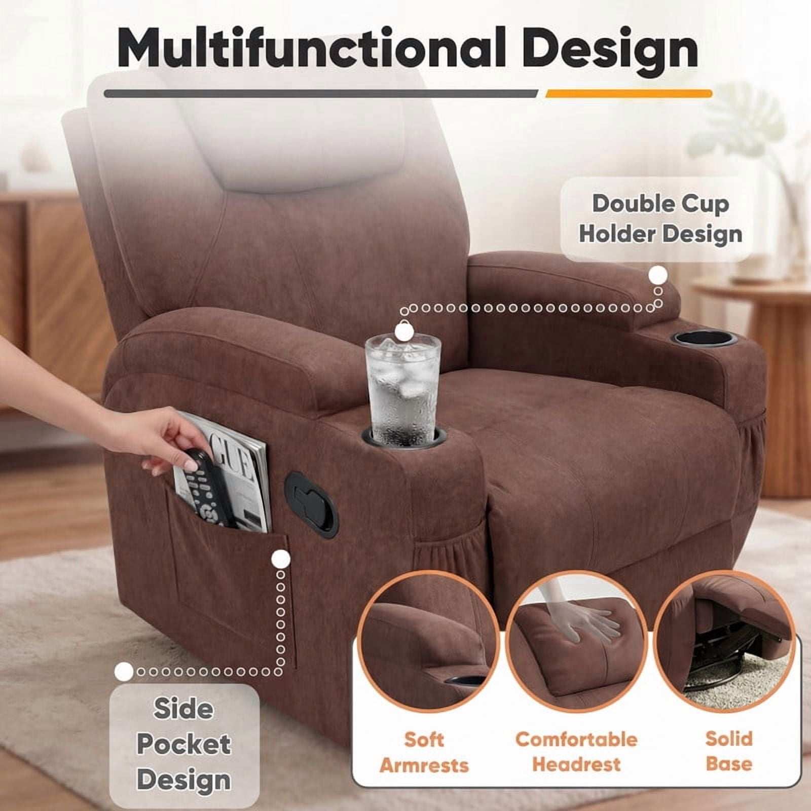Lacoo PU Leather Swivel Rocker Recliner with Massage for Living Room Small Spaces Lounge Recliner Chair with Side Pockets for Adults,Linen Brown