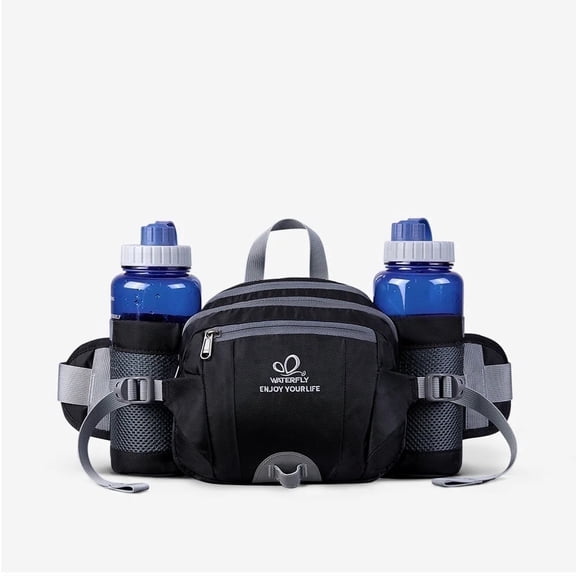 WATERFLY Unisex Large Capacity Hiking with Bottle Holder Nylon Fanny Pack Waist Bag,Black