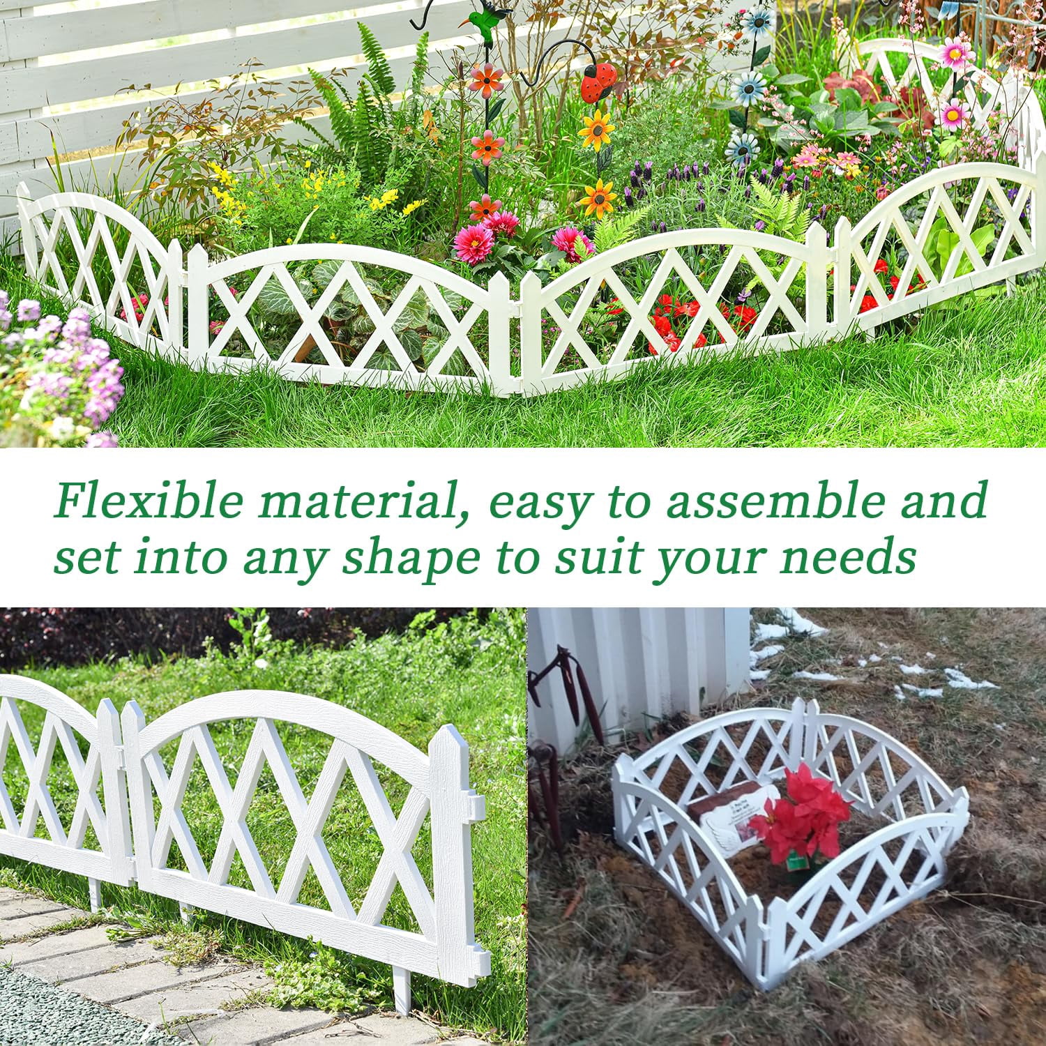 Sungmor Lightweight Plastic Garden Rail Fence White Pickets,94.5 Inch Length Outdoor Lawn Patio Protective Guard Edging Boarder Decoration