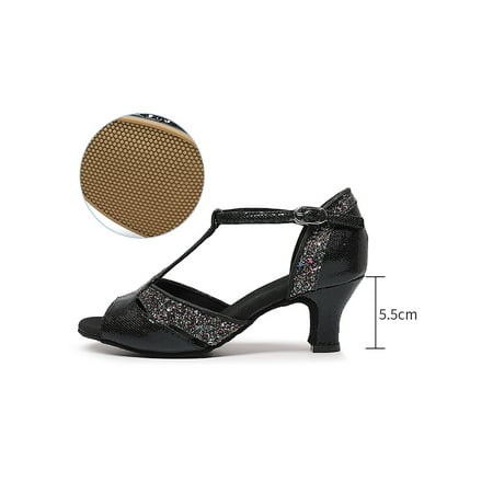 

Woobling Women Sandals Peep Toe Heeled Sandal T-Strap Dance Shoes Prom Jazz Shoe Breathable Chunky Heels Mid Heel Non-Slip Black Rubber Bottom 6.5