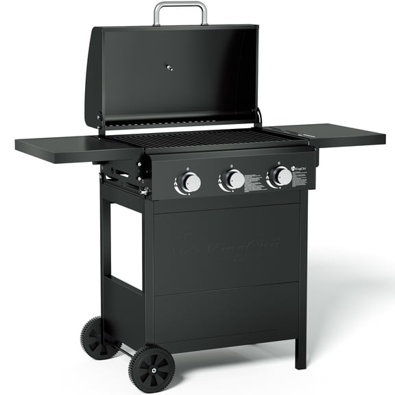 Kingchii 3-Burner Propane Grill, 28,500 BTU BTUs Gas Grill with Foldable Side Tables, Built-in Thermometer for Outdoor Grilling, BBQs and Camping