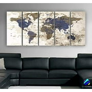 Original by BoxColors Xlarge 30"x 70" 5 Panels 30x14 Art Canvas Print Watercolor Beige Old Map World Push Pin Travel Wall decor (framed 1.5" depth) M1811