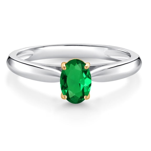 Gem Stone King 0.40 Ct Oval Green Nano Emerald 925 Silver and 10K Yellow Gold Solitaire Engagement Ring (Size 7)