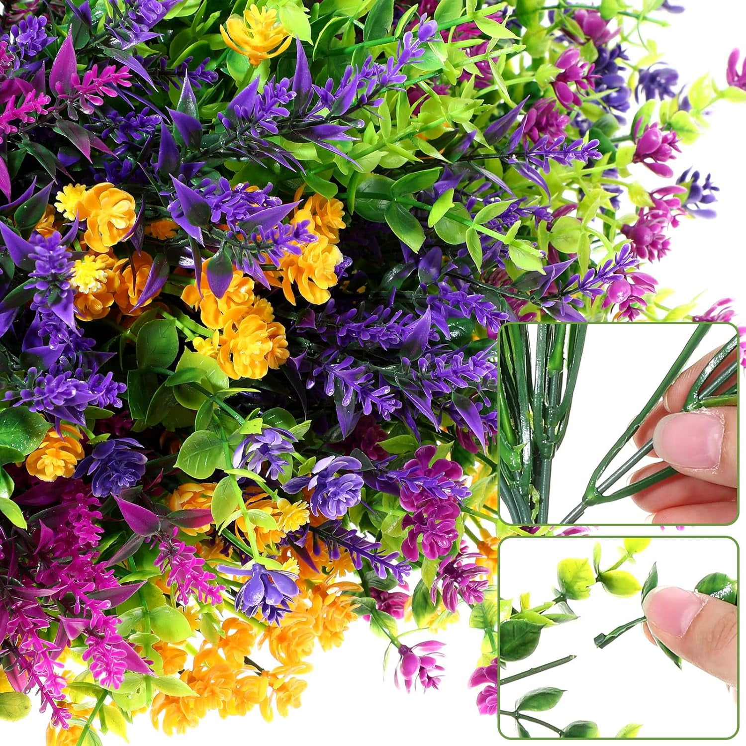 24 Bundles Artificial Fake Flowers Plastic Flower Plants Faux Outdoor Flowers Boxwood Plastic Shrubs Plants for Patio Porch Garden Window Box Home Farmhouse Vase Pots Hanging Planters