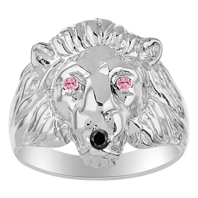 RYLOS Lion Head Ring Black Diamond Mouth & Gemstone Eyes Fun Designer Rings Pink Ice Sterling Silver Jewelry Size 13