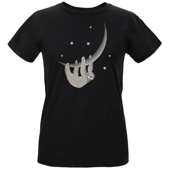 Sloth Hanging from the Moon Crescent Womens Organic T Shirt Black LG