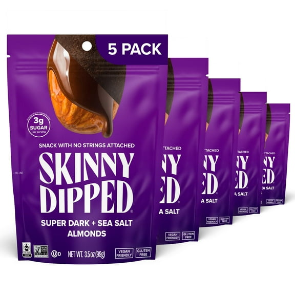 SkinnyDipped Super Dark Chocolate ESF27 Sea Salt Almonds, Vegan, Healthy Snack, Plant Protein, Gluten Free, 3.5 oz Resealable Bags, Pack of 5