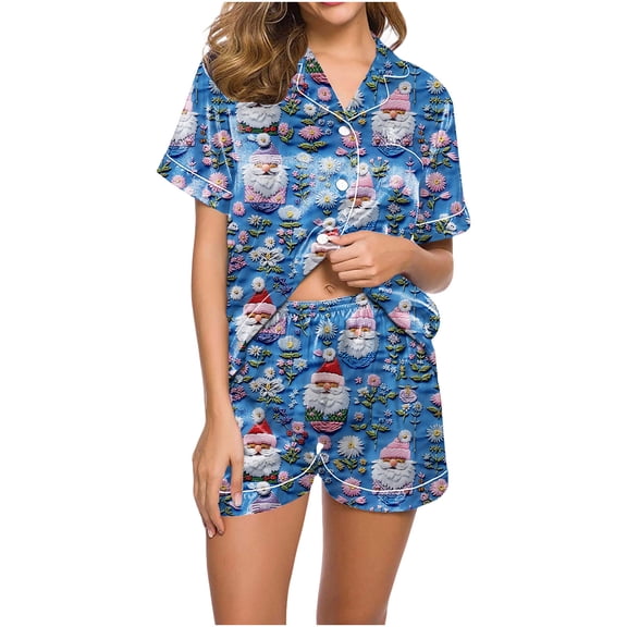 EchfiProm Cute Christmas Pajamas for Women Plus Size Loungewear Satin Fall 2 Piece Set Shorts and Short Sleeve Adults Pjs Set Xmas